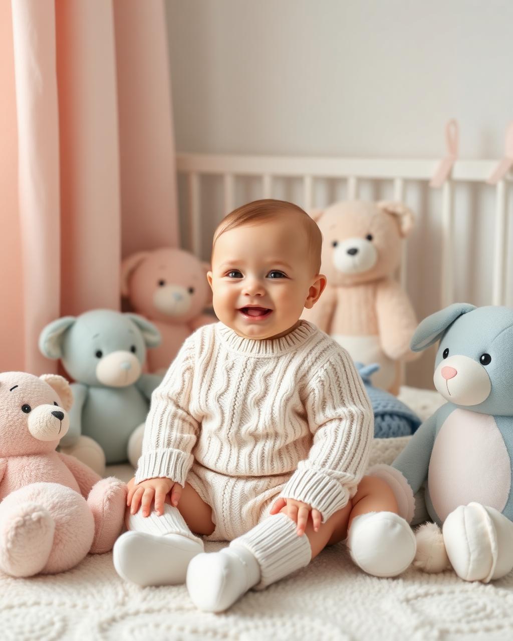 Baby surrounded by pastel plush toys